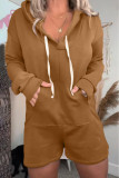 Casual Simplicity Solid Draw String Pocket Hooded Collar Loose Rompers