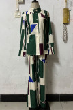 Casual Geometric Printing Turndown Collar Long Sleeve Two Pieces