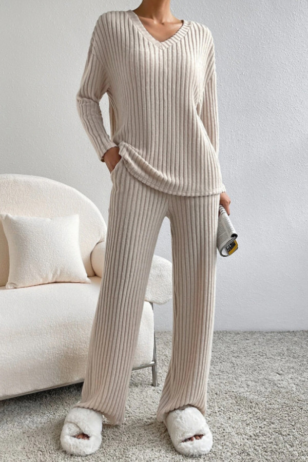 Casual Daily Solid V Neck Long Sleeve Two Pieces