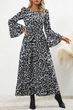 Elegant College Leopard Flounce Printing O Neck Printed Dress Dresses