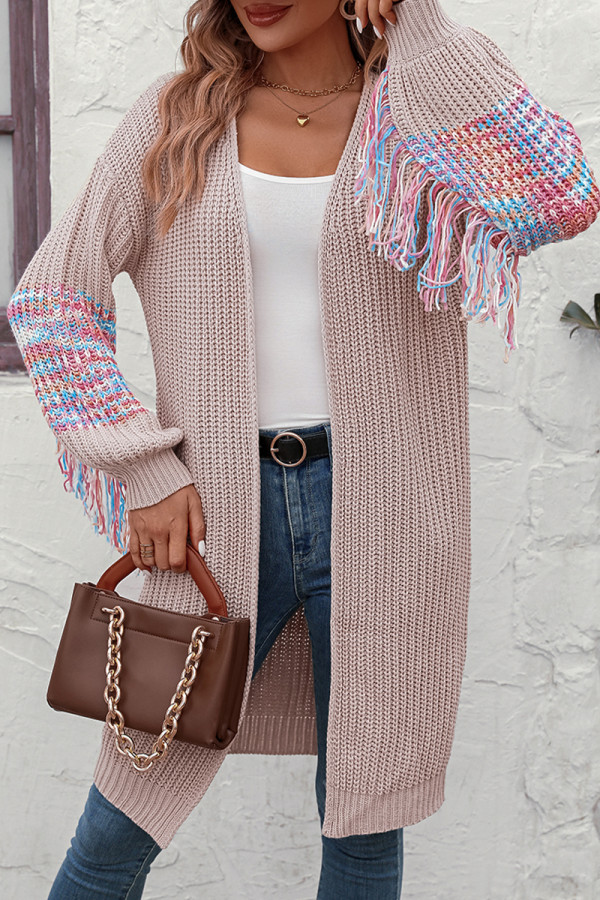 Sweet Elegant Color Block Tassel Weave V Neck Outerwear