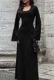Elegant Solid Frenulum U Neck One Step Skirt Dresses