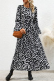 Elegant College Leopard Flounce Printing O Neck Printed Dress Dresses