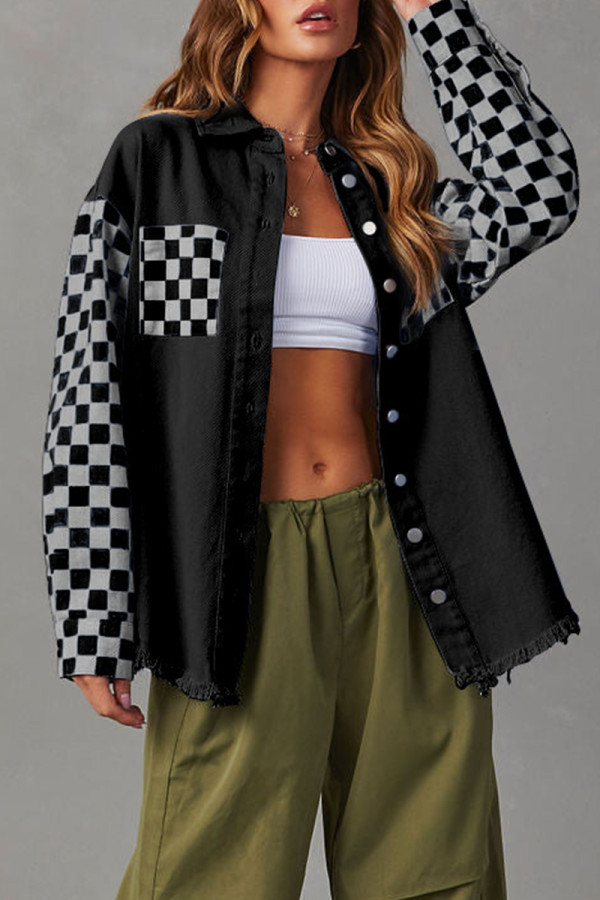Casual Plaid Patchwork Contrast Turndown Collar Outerwear