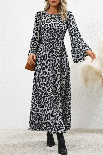 Elegant College Leopard Flounce Printing O Neck Printed Dress Dresses