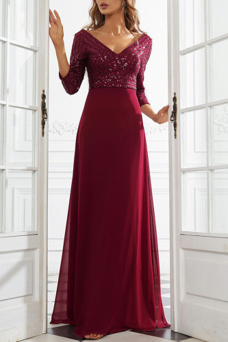 Elegant Formal Solid Sequins V Neck Evening Dress Dresses