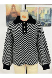 Casual Geometric Buttons Weave Turndown Collar Tops