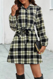 Casual Plaid Bandage Contrast Turndown Collar Shirt Dress Dresses
