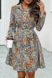 Vintage Elegant Geometric Print Bandage Turndown Collar Shirt Dress Dresses