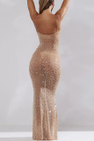 Sexy Solid See-through Hot Drill U Neck Sling Dress Dresses