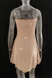 Sexy Solid See-through Asymmetrical Hot Drill U Neck Sling Dress Dresses