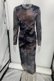 Casual Vintage Gradual Change Print See-through O Neck Long Sleeve Dresses