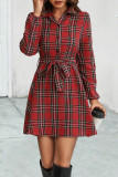 Casual Plaid Bandage Contrast Turndown Collar Shirt Dress Dresses