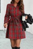 Casual Plaid Bandage Contrast Turndown Collar Shirt Dress Dresses