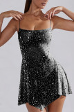 Sexy Solid See-through Asymmetrical Hot Drill U Neck Sling Dress Dresses