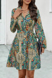 Vintage Elegant Geometric Print Bandage Turndown Collar Shirt Dress Dresses