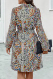 Vintage Elegant Geometric Print Bandage Turndown Collar Shirt Dress Dresses