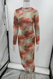Casual Vintage Gradual Change Print See-through O Neck Long Sleeve Dresses