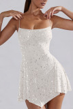 Sexy Solid See-through Asymmetrical Hot Drill U Neck Sling Dress Dresses