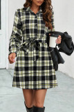 Casual Plaid Bandage Contrast Turndown Collar Shirt Dress Dresses