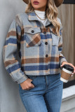 Casual College Plaid Pocket Contrast Turndown Collar Outerwear