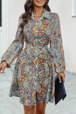 Vintage Elegant Geometric Print Bandage Turndown Collar Shirt Dress Dresses