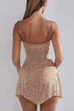 Sexy Solid See-through Asymmetrical Hot Drill U Neck Sling Dress Dresses