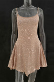 Sexy Solid See-through Asymmetrical Hot Drill U Neck Sling Dress Dresses