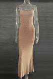 Sexy Solid See-through Hot Drill U Neck Sling Dress Dresses