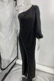Elegant Solid Patchwork Asymmetrical Oblique Collar Regular Jumpsuits