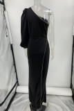 Elegant Solid Patchwork Asymmetrical Oblique Collar Regular Jumpsuits