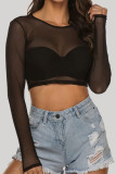 Sexy Solid See-through O Neck Tops