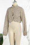 Casual Leopard Asymmetrical Printing Turtleneck Tops