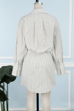 Elegant Striped Patchwork Buttons Turndown Collar Shirt Dress Dresses