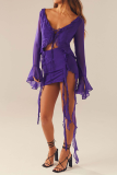 Sexy Sweet Solid Tassel Flounce V Neck Long Sleeve Two Pieces