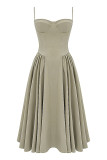 Vintage Elegant Solid Fold Square Collar Sling Dress Dresses