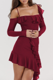 Sexy Solid Flounce U Neck Irregular Dress Dresses