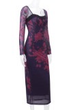 Vintage Elegant Floral Lace Bandage Square Collar One Step Skirt Dresses