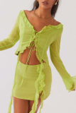 Sexy Sweet Solid Tassel Flounce V Neck Long Sleeve Two Pieces