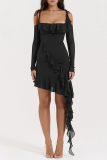 Sexy Solid Flounce U Neck Irregular Dress Dresses