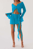 Sexy Sweet Solid Tassel Flounce V Neck Long Sleeve Two Pieces