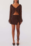 Sexy Sweet Solid Tassel Flounce V Neck Long Sleeve Two Pieces