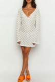 Sexy Solid Lace Bandage Backless V Neck Long Sleeve Dresses