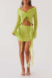 Sexy Sweet Solid Tassel Flounce V Neck Long Sleeve Two Pieces