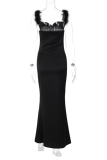 Celebrities Elegant Solid Feathers Backless U Neck One Step Skirt Dresses