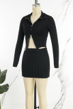 Sexy Solid Fold Zipper Turndown Collar Long Sleeve Two Pieces
