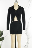Sexy Solid Fold Zipper Turndown Collar Long Sleeve Two Pieces