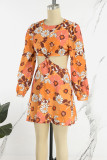 Sexy Floral Hollowed Out O Neck Printed Dress Dresses