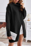 Casual Simplicity Solid Slit Turtleneck Tops
