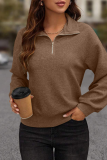 Solid Zipper Turndown Collar Tops